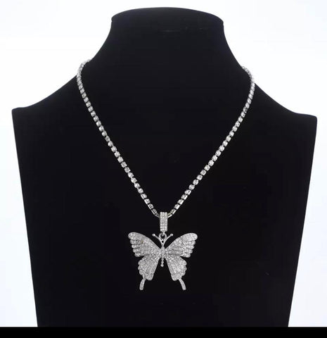 Silver Butter Fly Diamond Necklace